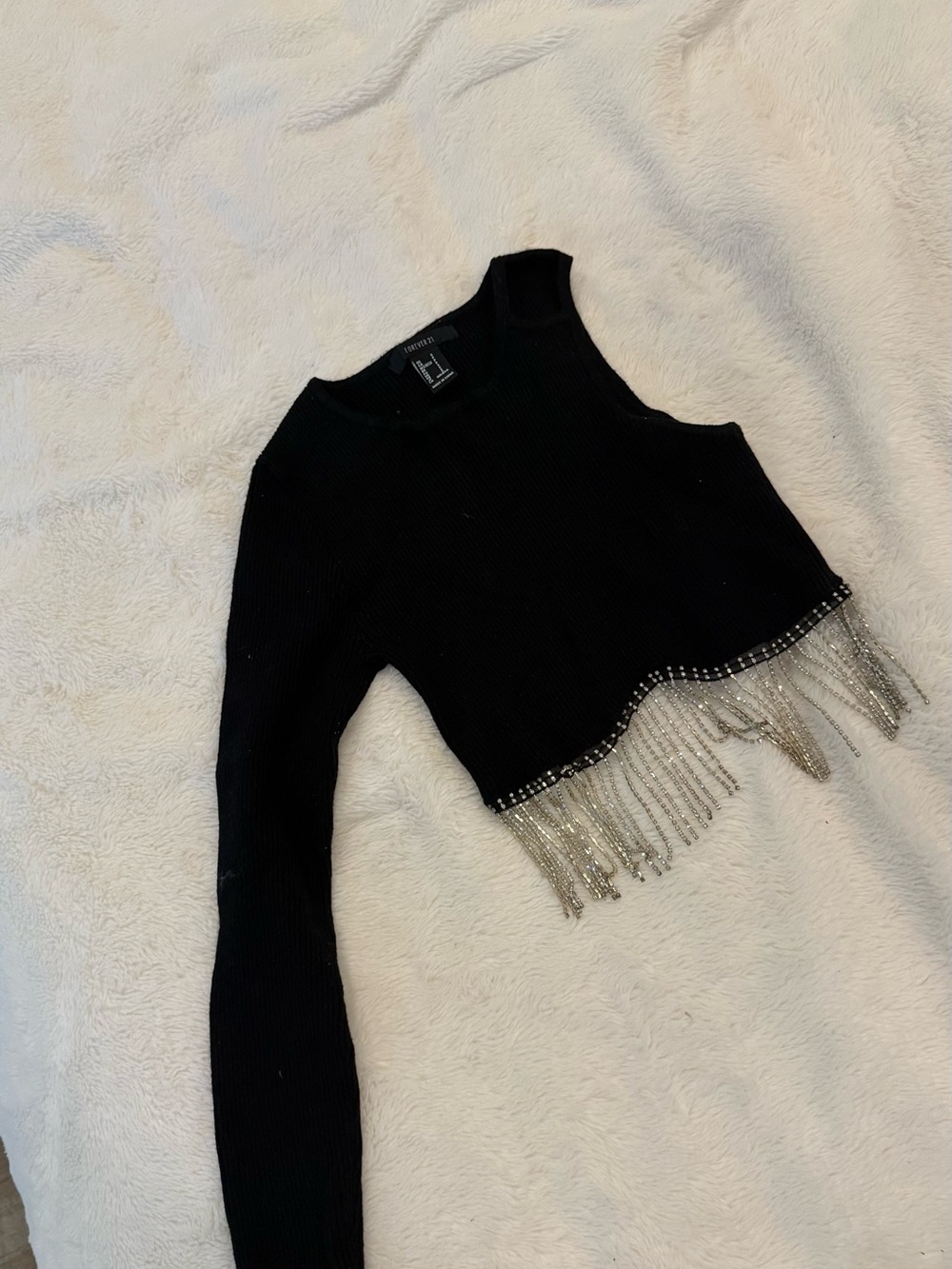 Forever 21 Black Cropped One-Shoulder Sweater with Silver Fringe